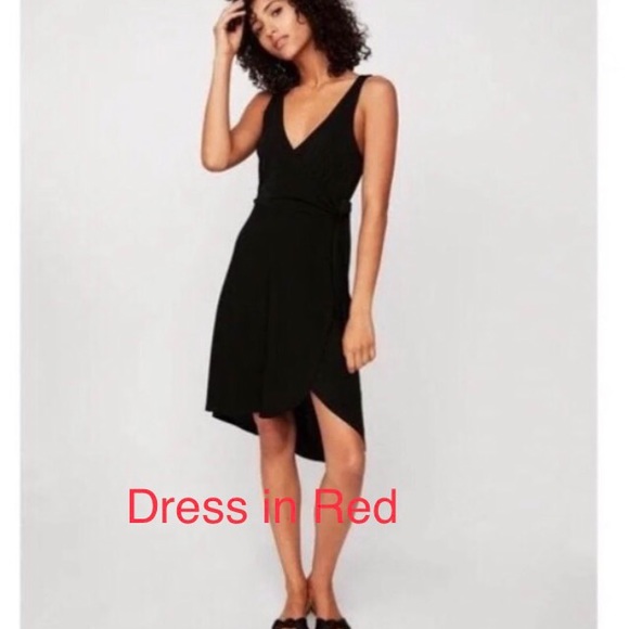 Express Red Faux Wrap V-Neck w/ Ties on Side High/Low Scooped Back Work Dress - Picture 2 of 8